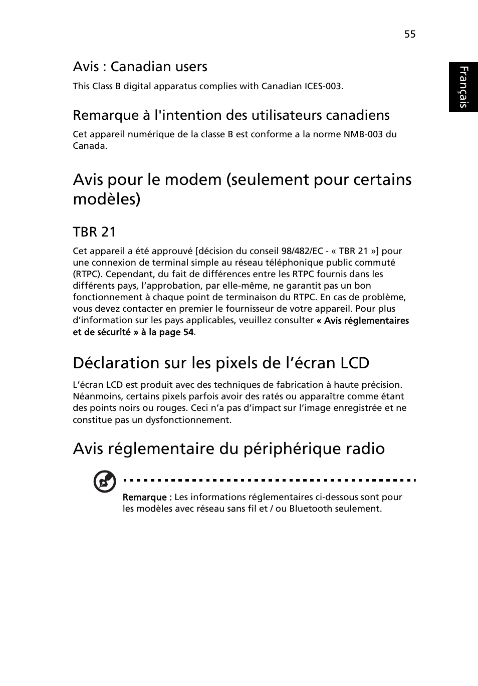 Déclaration sur les pixels de l’écran lcd, Avis réglementaire du périphérique radio | Acer Aspire 4253 User Manual | Page 153 / 2348
