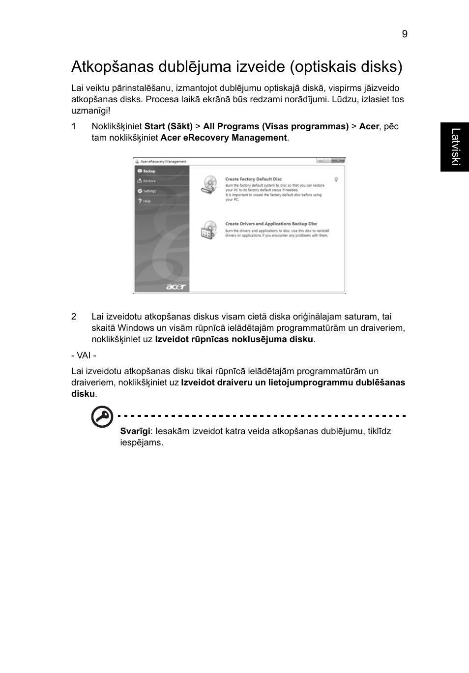 Atkopšanas dublējuma izveide (optiskais disks) | Acer Aspire 4253 User Manual | Page 1627 / 2348
