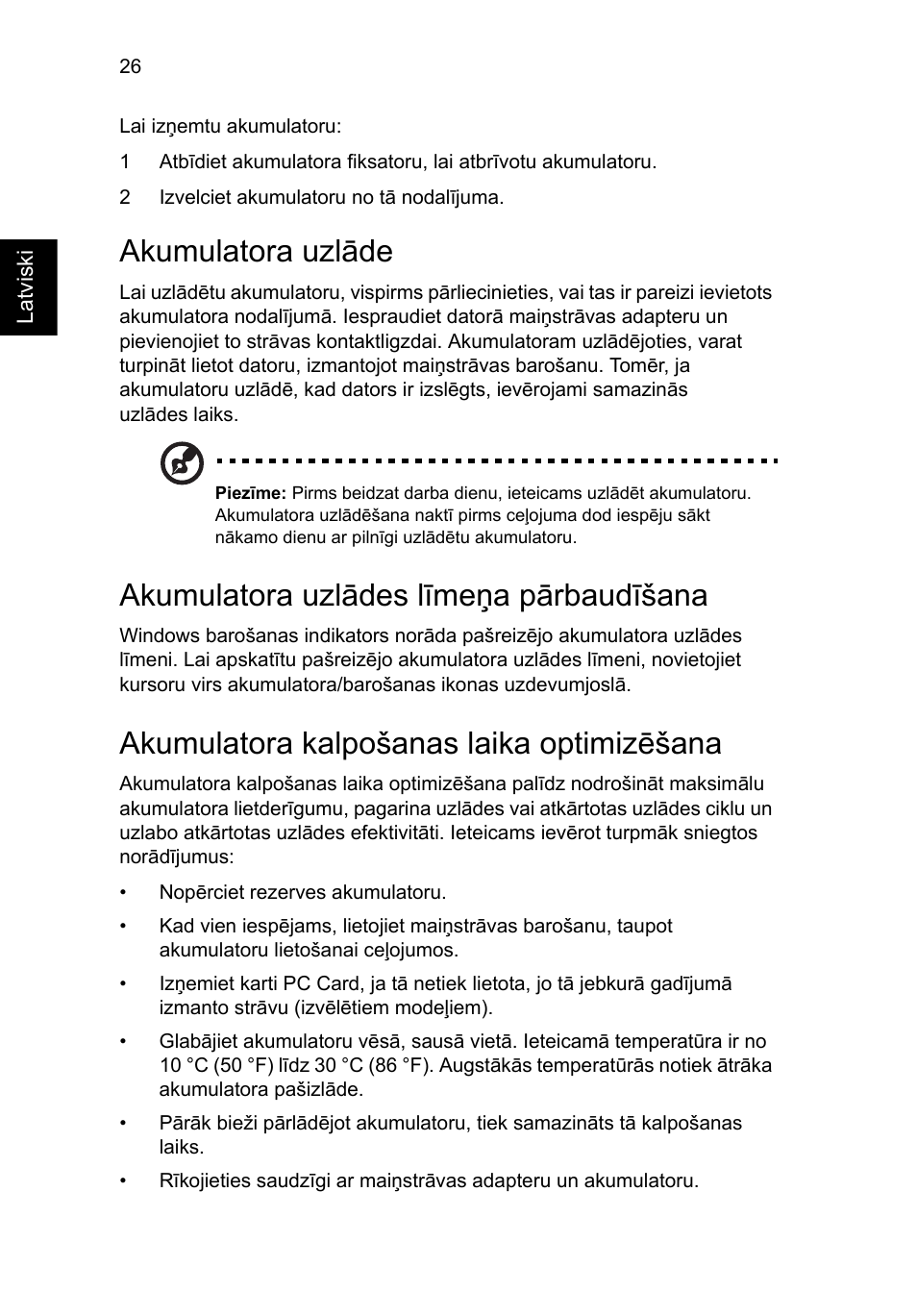 Akumulatora uzlāde, Akumulatora uzlādes līmeņa pārbaudīšana, Akumulatora kalpošanas laika optimizēšana | Acer Aspire 4253 User Manual | Page 1644 / 2348