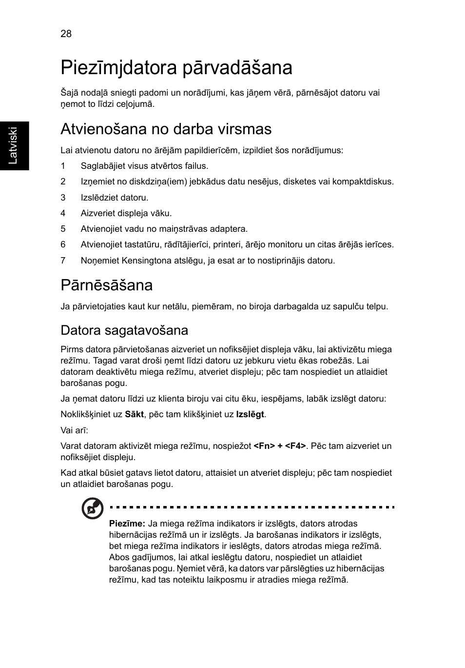 Piezīmjdatora pārvadāšana, Atvienošana no darba virsmas, Pārnēsāšana | Datora sagatavošana | Acer Aspire 4253 User Manual | Page 1646 / 2348