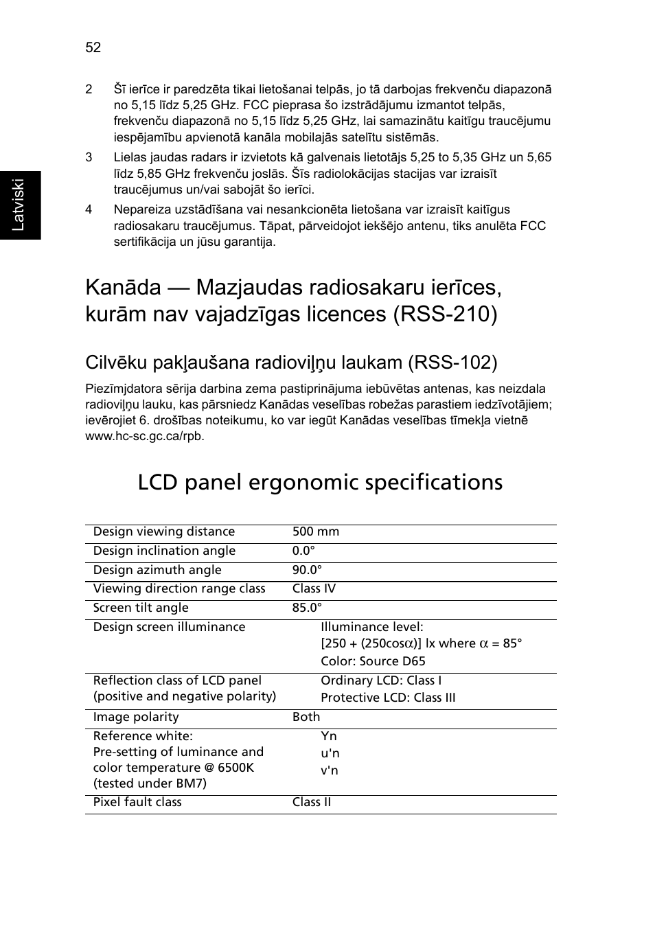 Lcd panel ergonomic specifications, Cilvēku pakļaušana radioviļņu laukam (rss-102) | Acer Aspire 4253 User Manual | Page 1670 / 2348