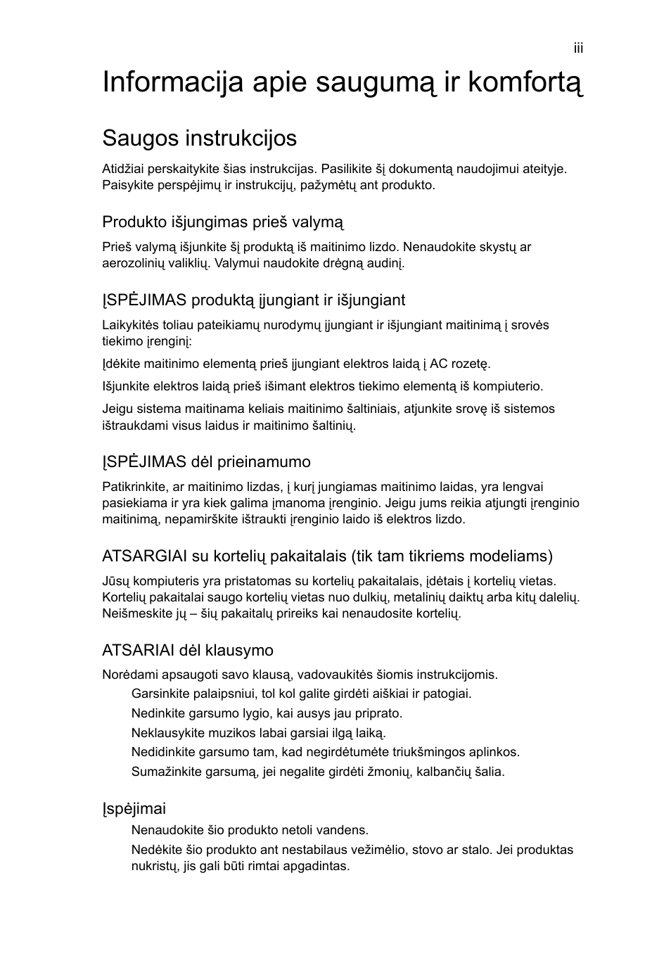Informacija apie saugumą ir komfortą, Saugos instrukcijos | Acer Aspire 4253 User Manual | Page 1673 / 2348