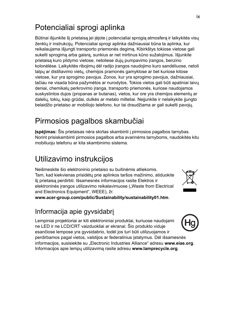 Potencialiai sprogi aplinka, Pirmosios pagalbos skambučiai, Utilizavimo instrukcijos | Acer Aspire 4253 User Manual | Page 1679 / 2348