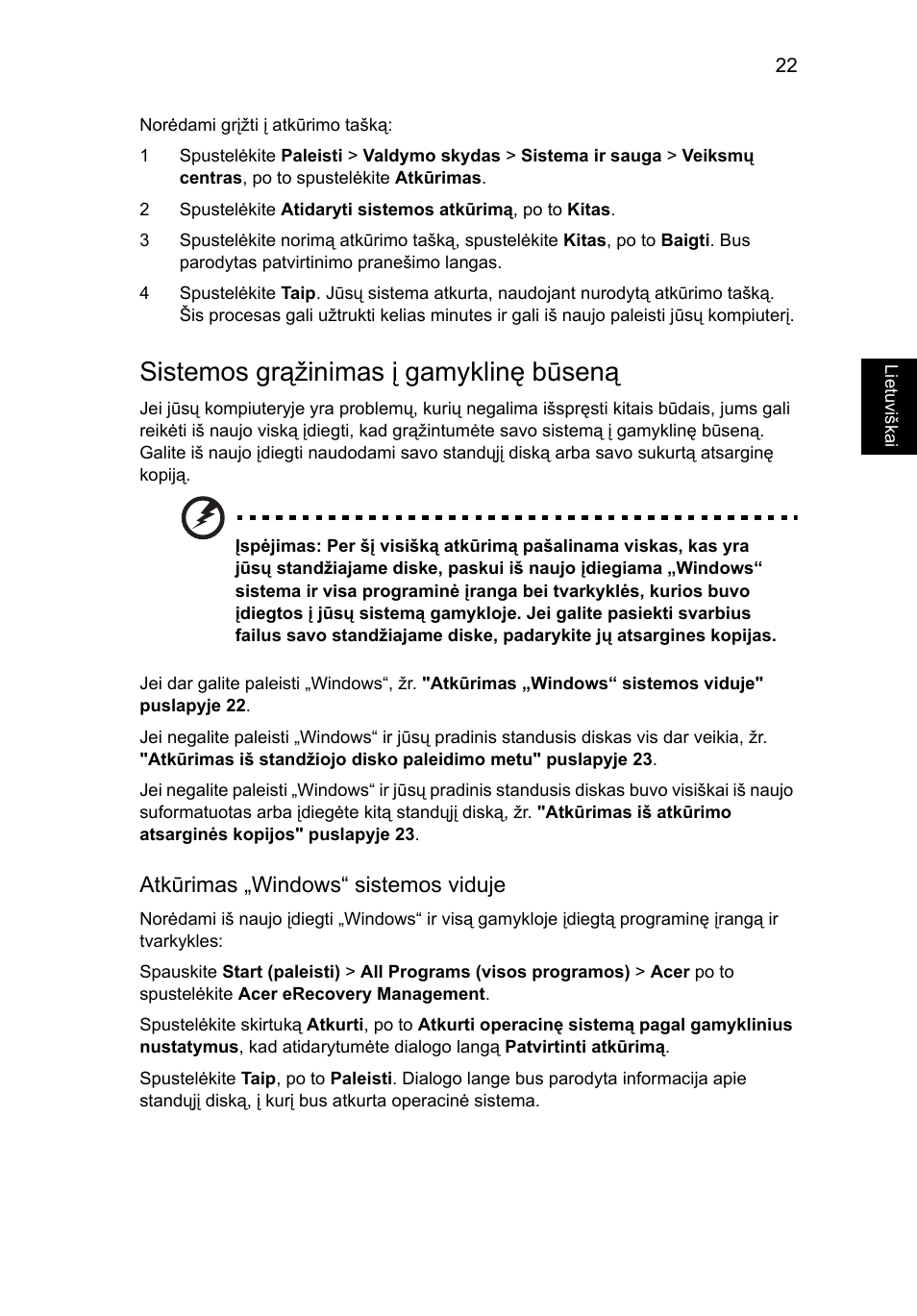 Sistemos grąžinimas į gamyklinę būseną | Acer Aspire 4253 User Manual | Page 1711 / 2348