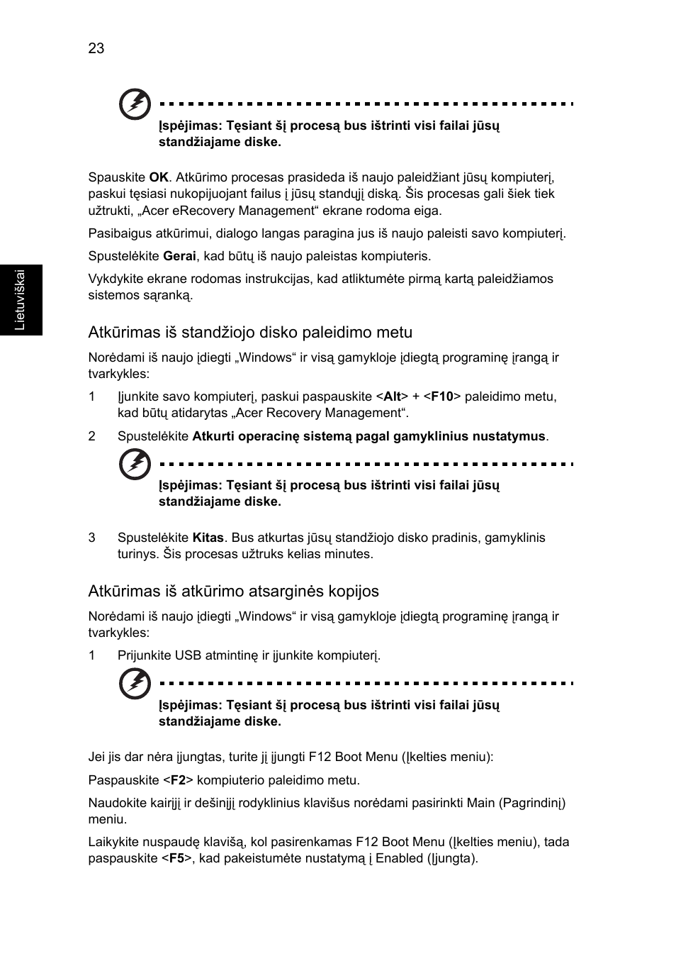 Atkūrimas iš standžiojo disko paleidimo metu, Atkūrimas iš atkūrimo atsarginės kopijos | Acer Aspire 4253 User Manual | Page 1712 / 2348