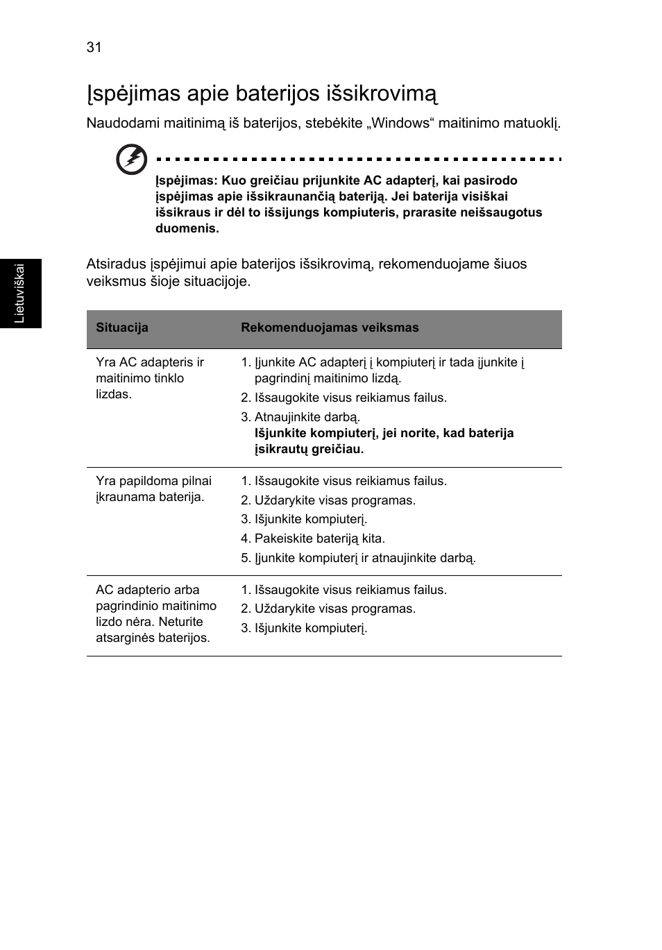 Įspėjimas apie baterijos išsikrovimą | Acer Aspire 4253 User Manual | Page 1720 / 2348