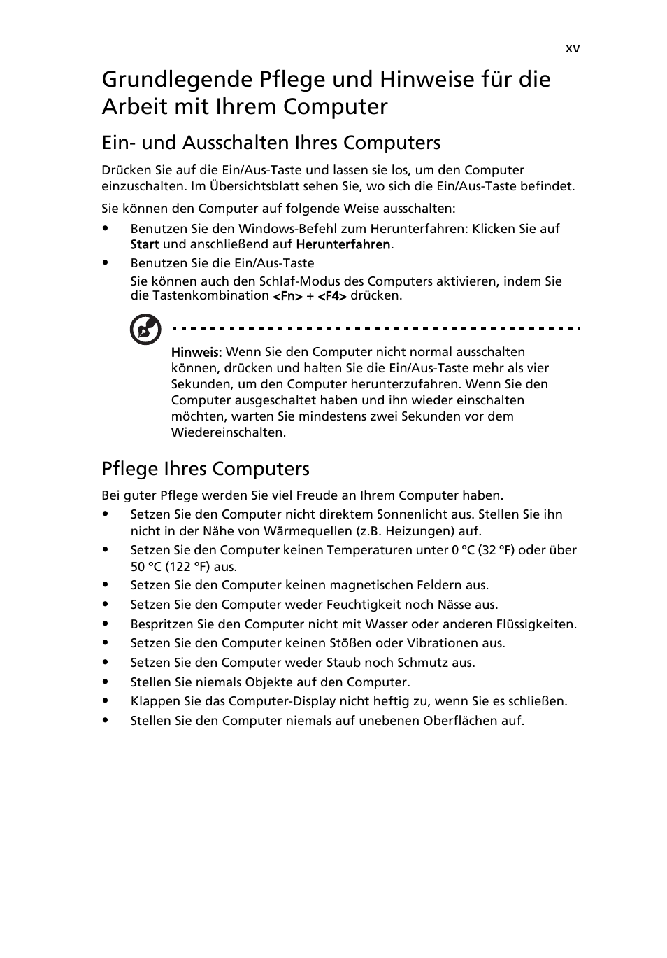 Ein- und ausschalten ihres computers, Pflege ihres computers | Acer Aspire 4253 User Manual | Page 173 / 2348
