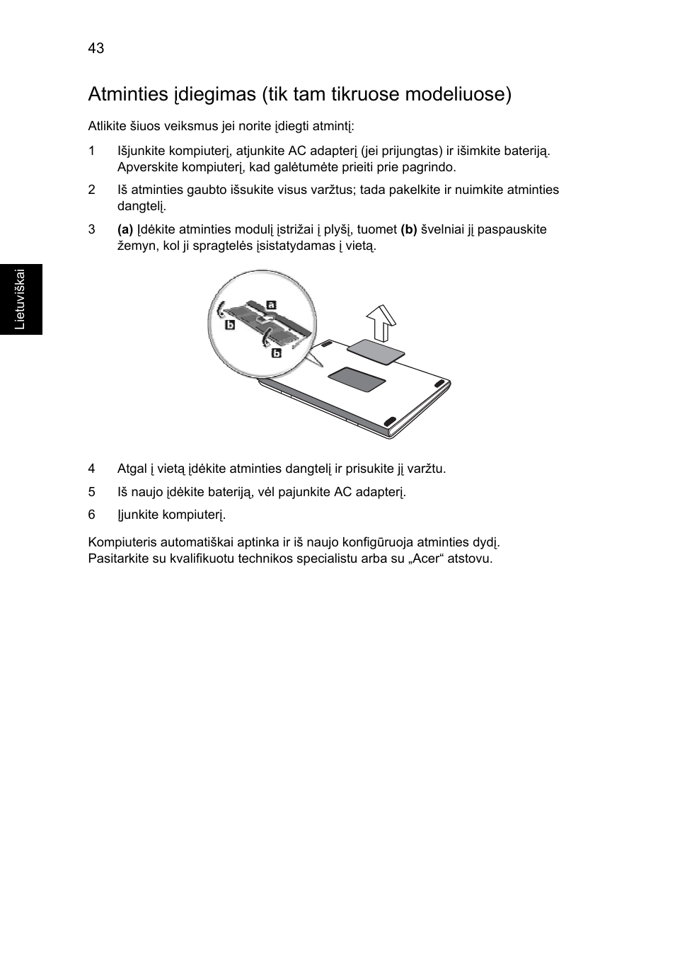 Atminties įdiegimas (tik tam tikruose modeliuose) | Acer Aspire 4253 User Manual | Page 1732 / 2348