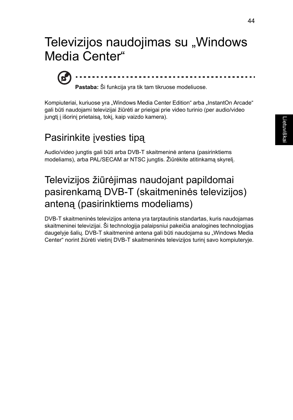 Televizijos naudojimas su „windows media center, Pasirinkite įvesties tipą | Acer Aspire 4253 User Manual | Page 1733 / 2348