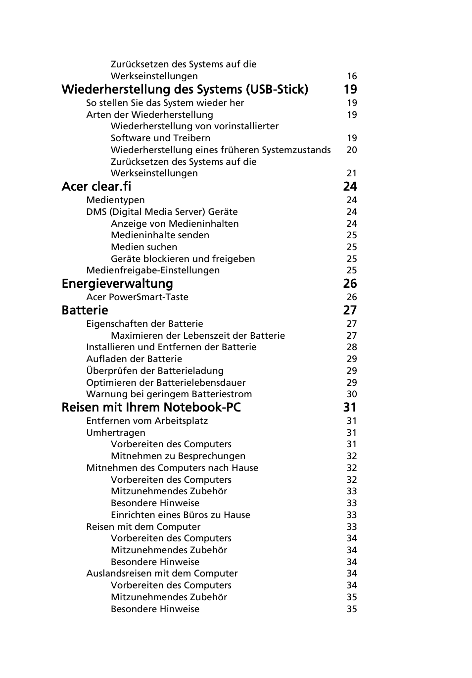 Wiederherstellung des systems (usb-stick) 19, Acer clear.fi 24, Energieverwaltung 26 | Batterie 27 | Acer Aspire 4253 User Manual | Page 176 / 2348