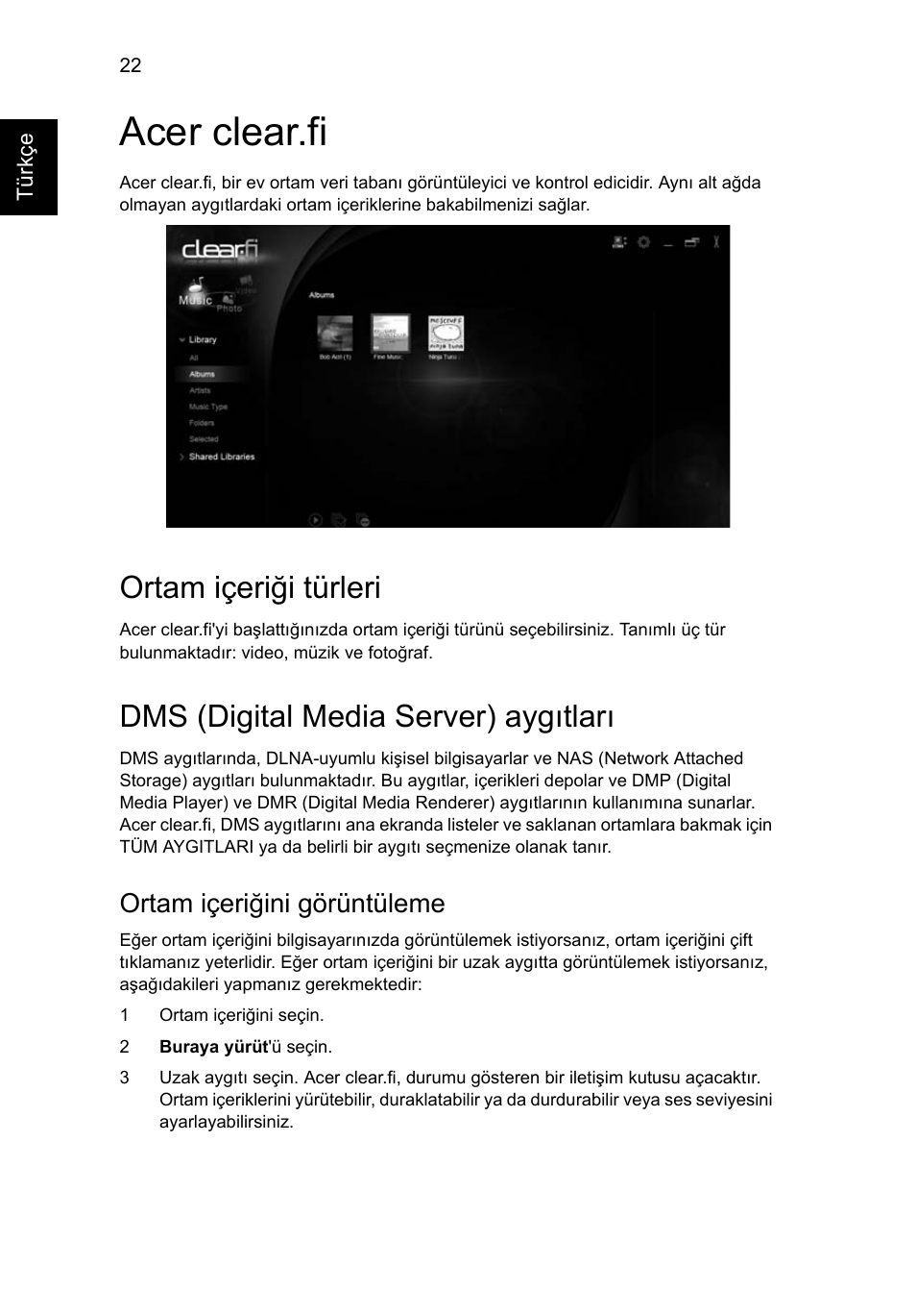 Acer clear.fi, Ortam içeriği türleri, Dms (digital media server) aygıtları | Ortam içeriğini görüntüleme | Acer Aspire 4253 User Manual | Page 1876 / 2348