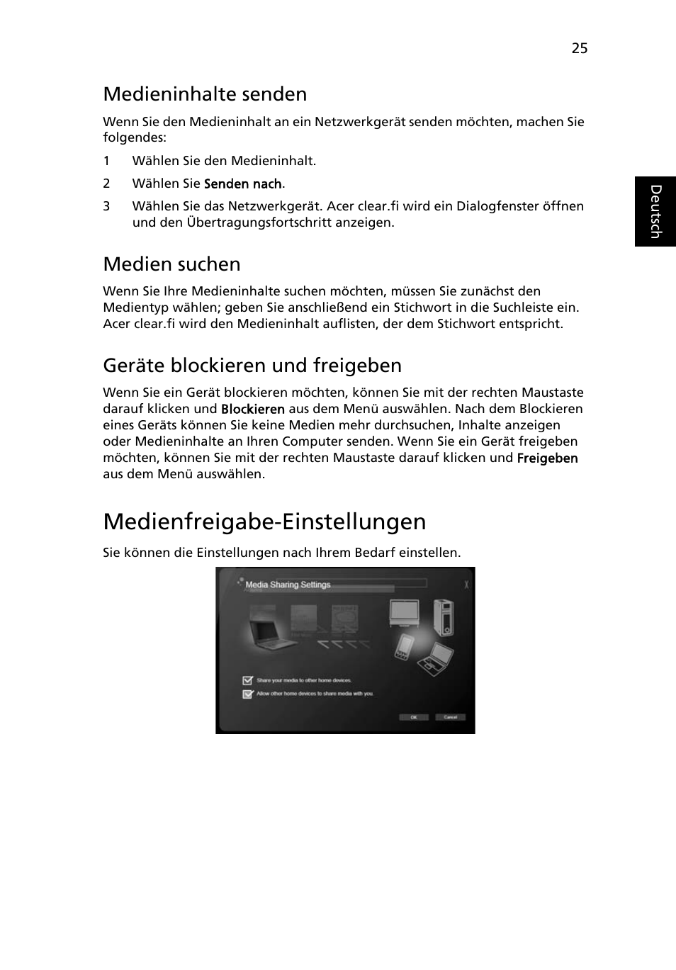 Medienfreigabe-einstellungen, Medieninhalte senden, Medien suchen | Geräte blockieren und freigeben | Acer Aspire 4253 User Manual | Page 203 / 2348