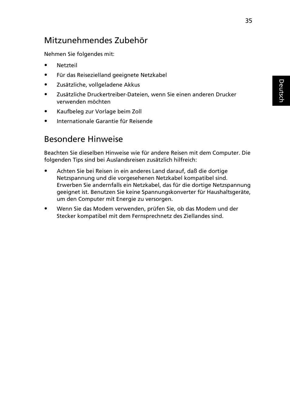 Mitzunehmendes zubehör, Besondere hinweise | Acer Aspire 4253 User Manual | Page 213 / 2348