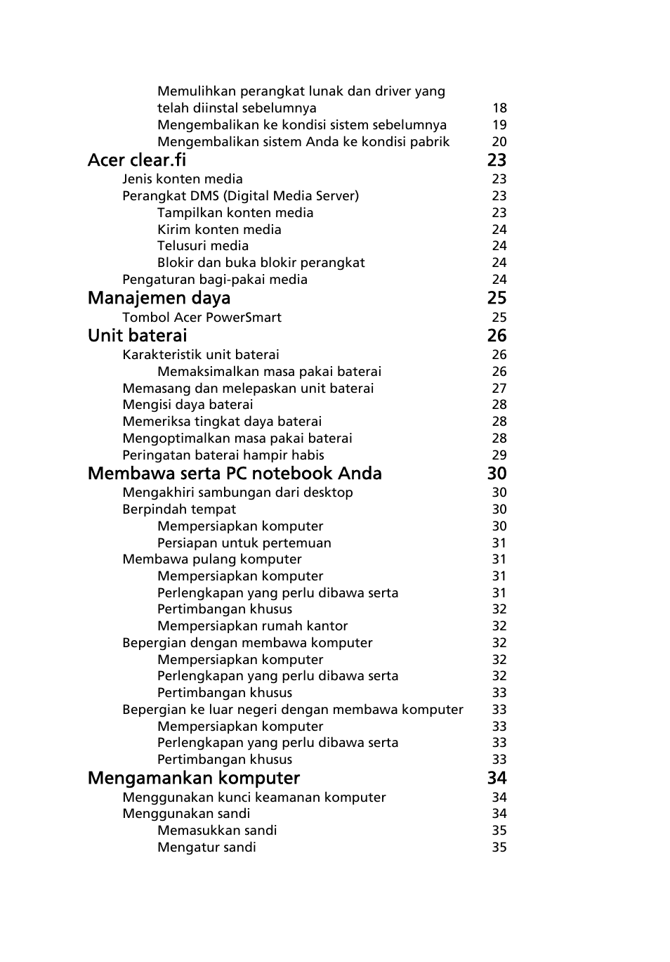 Acer clear.fi 23, Manajemen daya 25, Unit baterai 26 | Mengamankan komputer 34 | Acer Aspire 4253 User Manual | Page 2210 / 2348