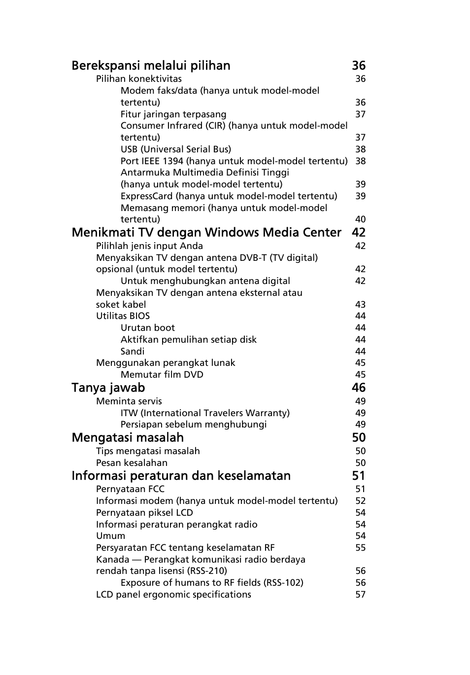 Berekspansi melalui pilihan 36, Menikmati tv dengan windows media center 42, Tanya jawab 46 | Mengatasi masalah 50, Informasi peraturan dan keselamatan 51 | Acer Aspire 4253 User Manual | Page 2211 / 2348