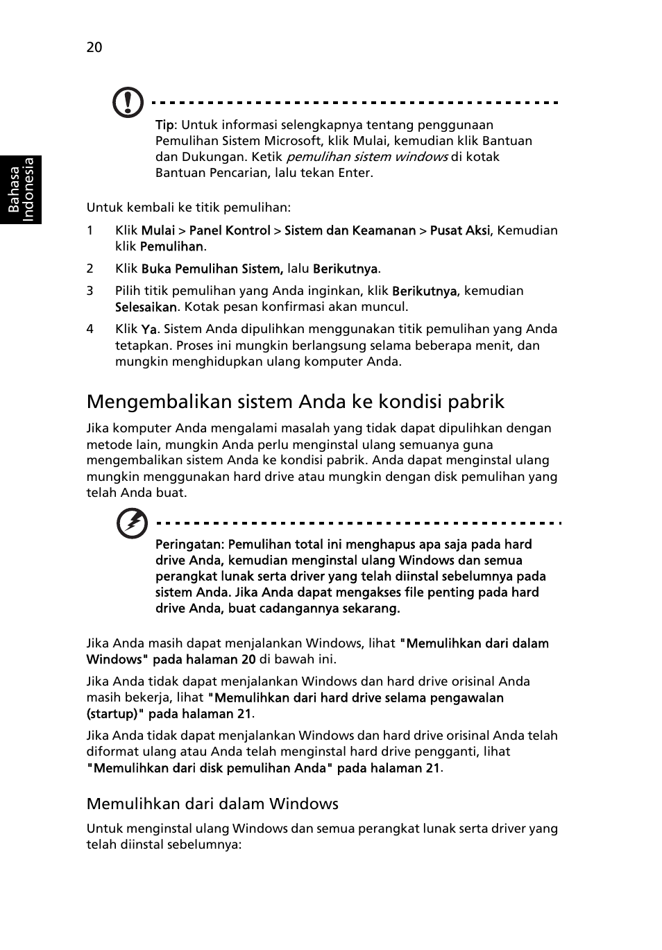 Mengembalikan sistem anda ke kondisi pabrik | Acer Aspire 4253 User Manual | Page 2232 / 2348