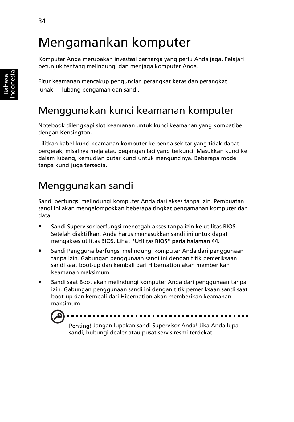 Mengamankan komputer, Menggunakan kunci keamanan komputer, Menggunakan sandi | Acer Aspire 4253 User Manual | Page 2246 / 2348