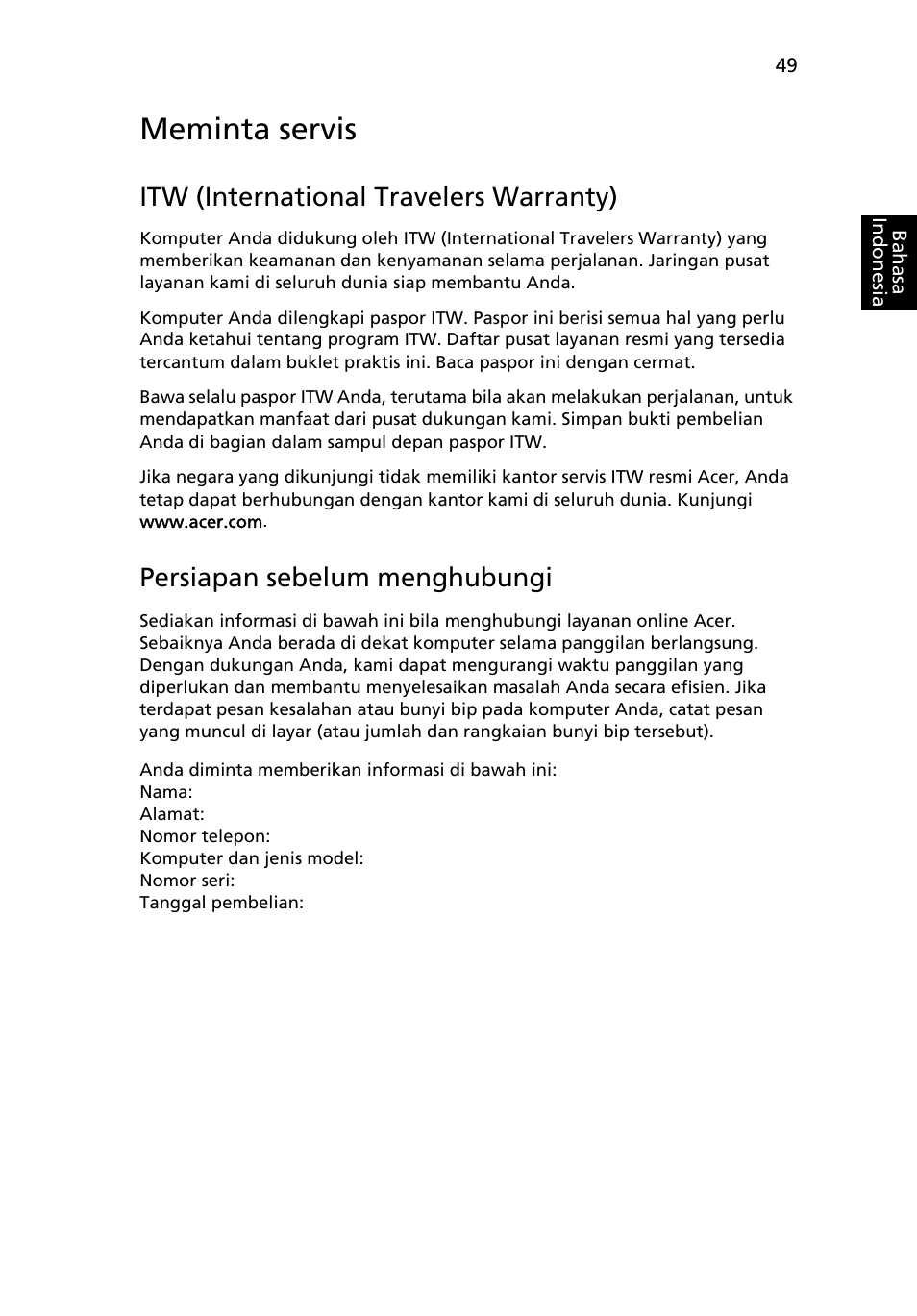 Meminta servis, Itw (international travelers warranty), Persiapan sebelum menghubungi | Acer Aspire 4253 User Manual | Page 2261 / 2348