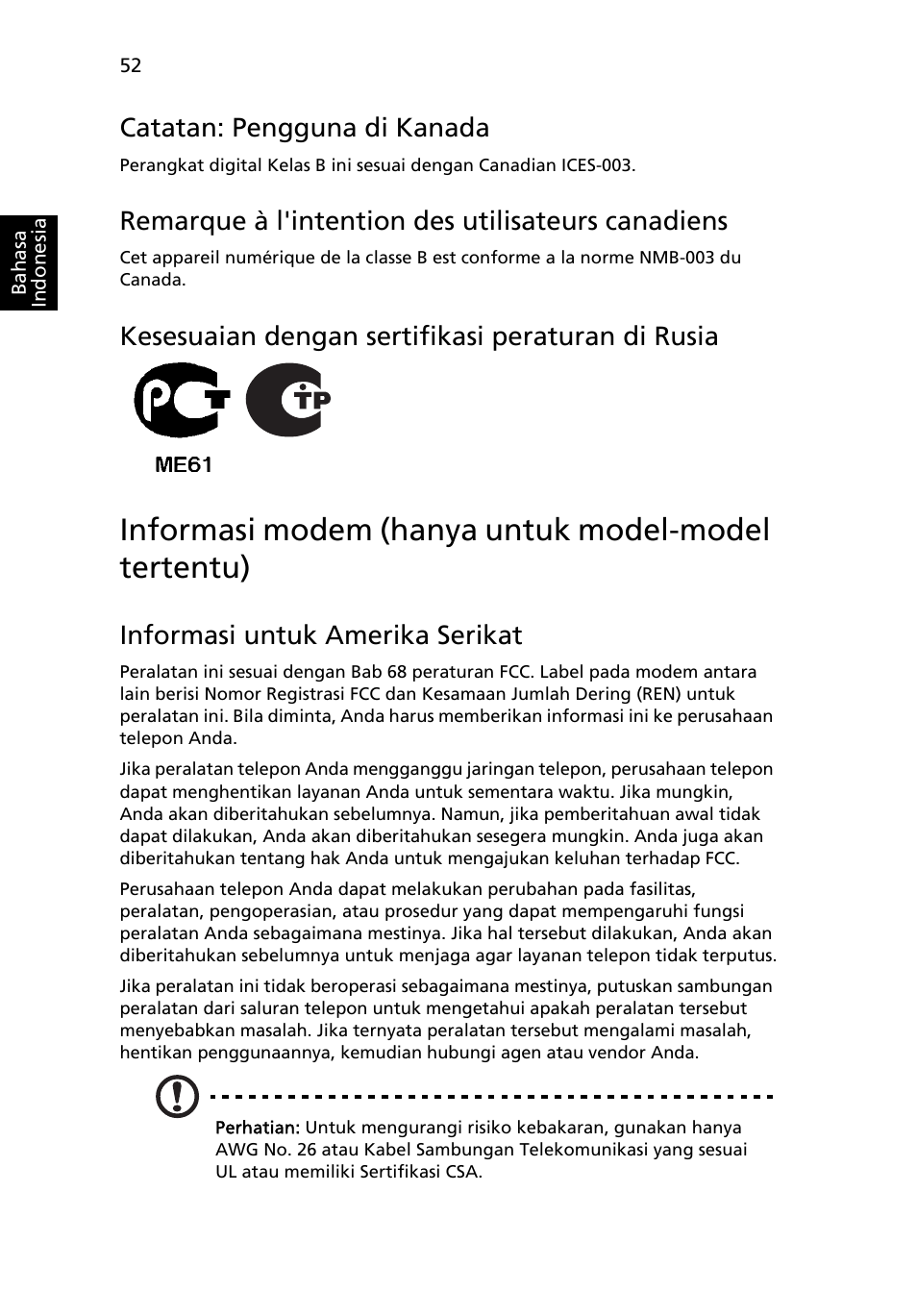 Informasi modem (hanya untuk model-model tertentu), Catatan: pengguna di kanada, Remarque à l'intention des utilisateurs canadiens | Kesesuaian dengan sertifikasi peraturan di rusia, Informasi untuk amerika serikat | Acer Aspire 4253 User Manual | Page 2264 / 2348