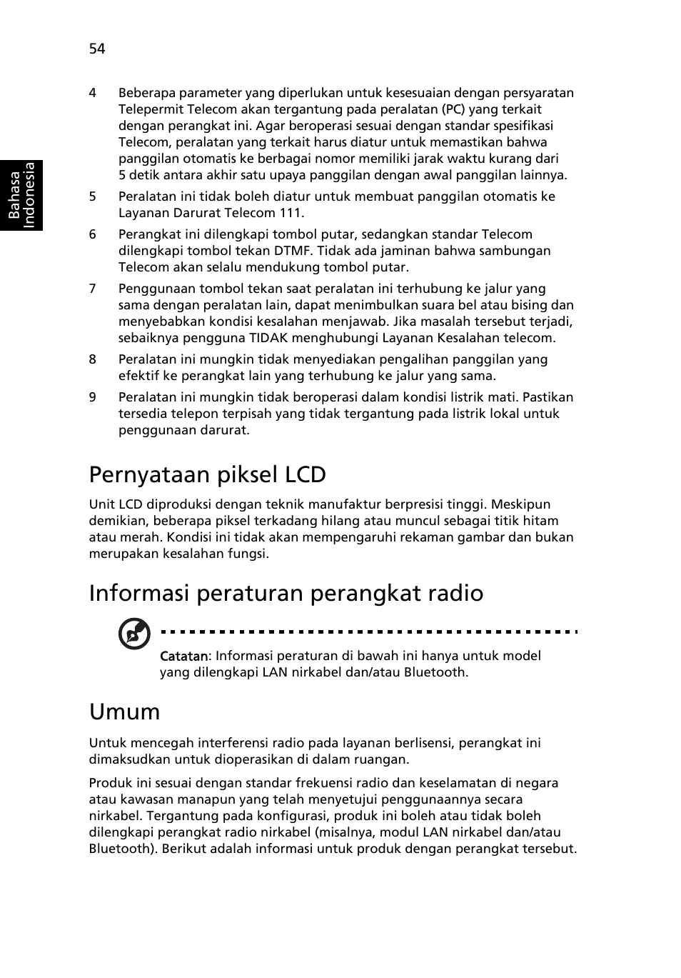Pernyataan piksel lcd, Informasi peraturan perangkat radio, Umum | Acer Aspire 4253 User Manual | Page 2266 / 2348