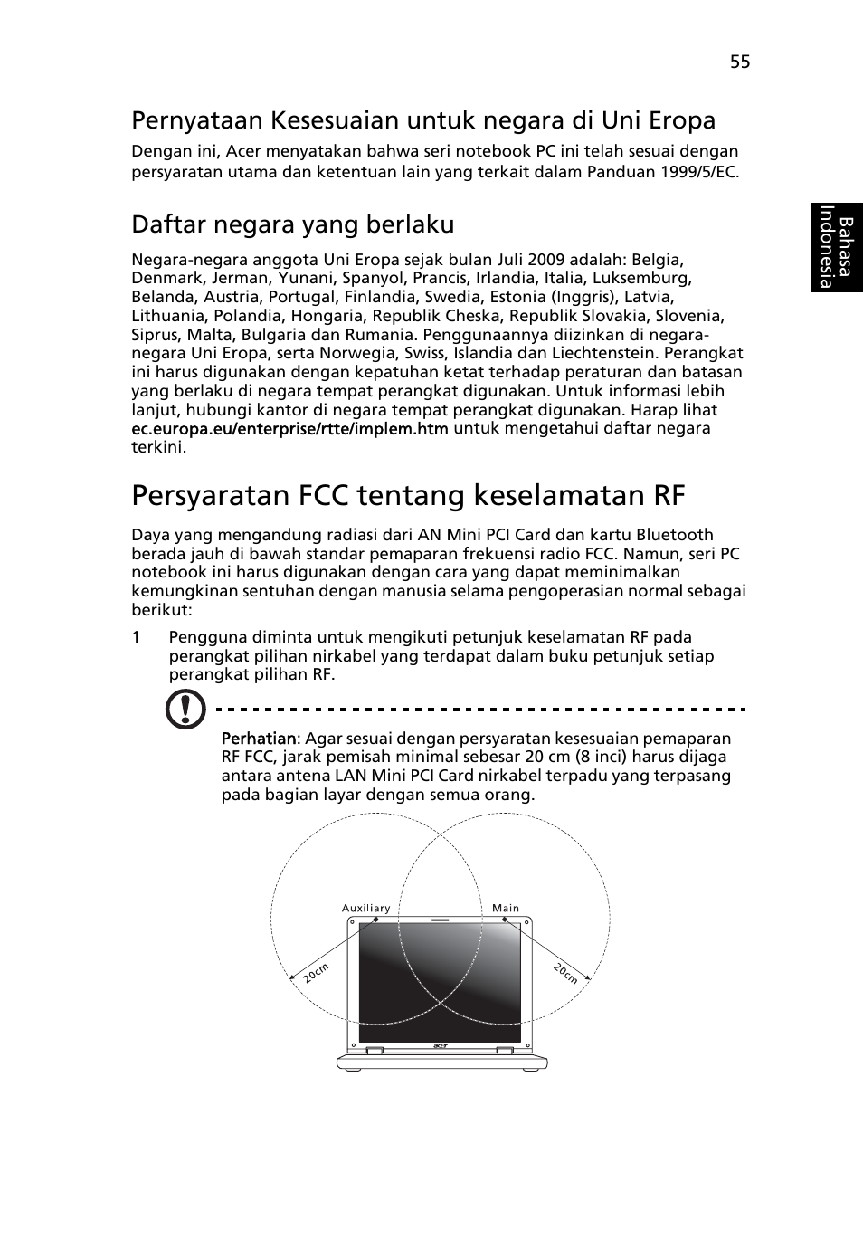 Persyaratan fcc tentang keselamatan rf, Pernyataan kesesuaian untuk negara di uni eropa, Daftar negara yang berlaku | Acer Aspire 4253 User Manual | Page 2267 / 2348