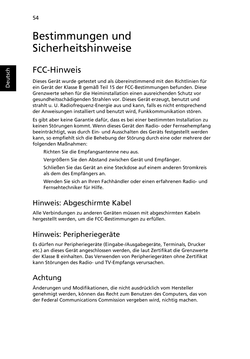 Bestimmungen und sicherheitshinweise, Fcc-hinweis, Hinweis: abgeschirmte kabel | Hinweis: peripheriegeräte, Achtung | Acer Aspire 4253 User Manual | Page 232 / 2348