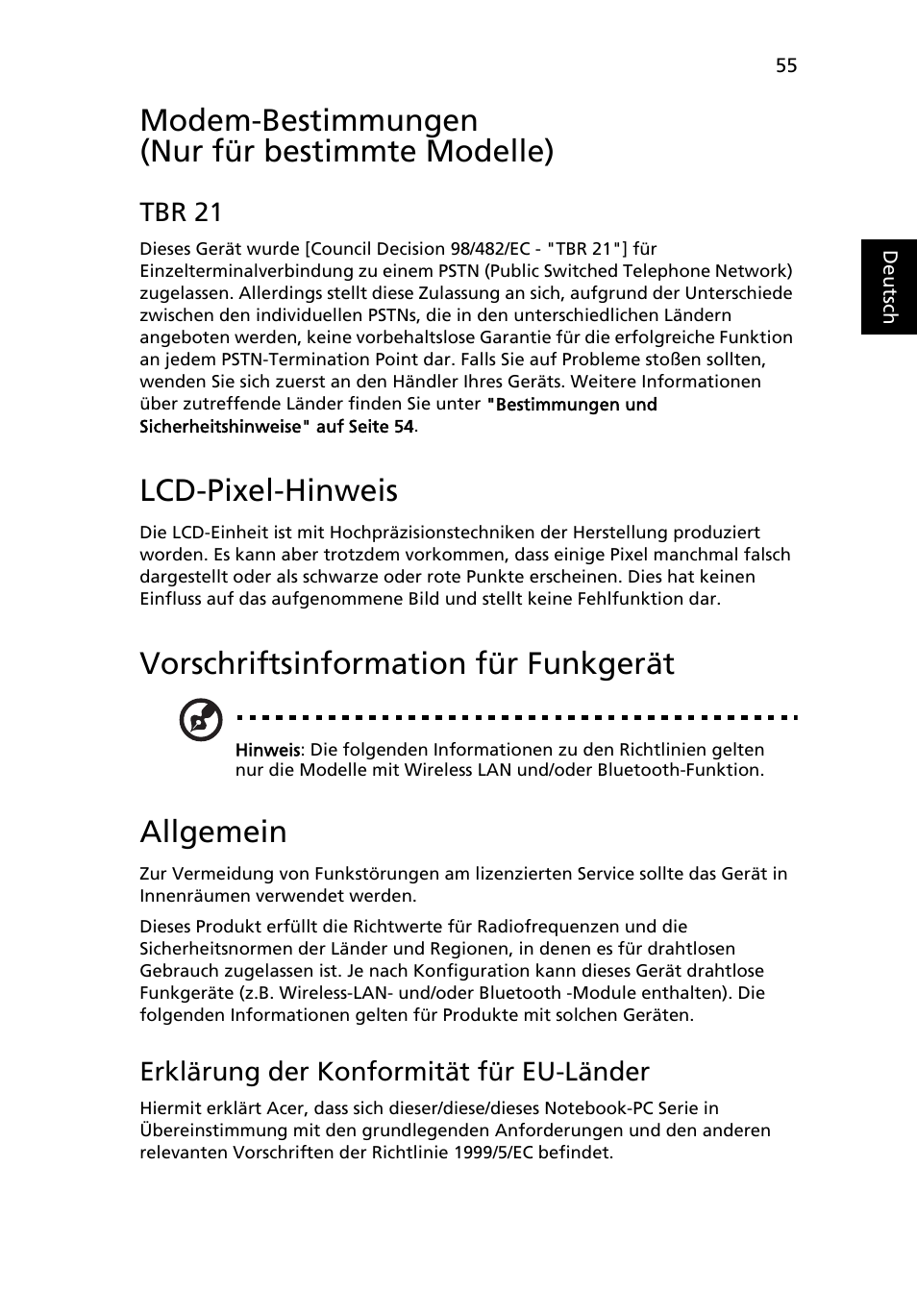 Modem-bestimmungen (nur für bestimmte modelle), Lcd-pixel-hinweis, Vorschriftsinformation für funkgerät | Allgemein | Acer Aspire 4253 User Manual | Page 233 / 2348