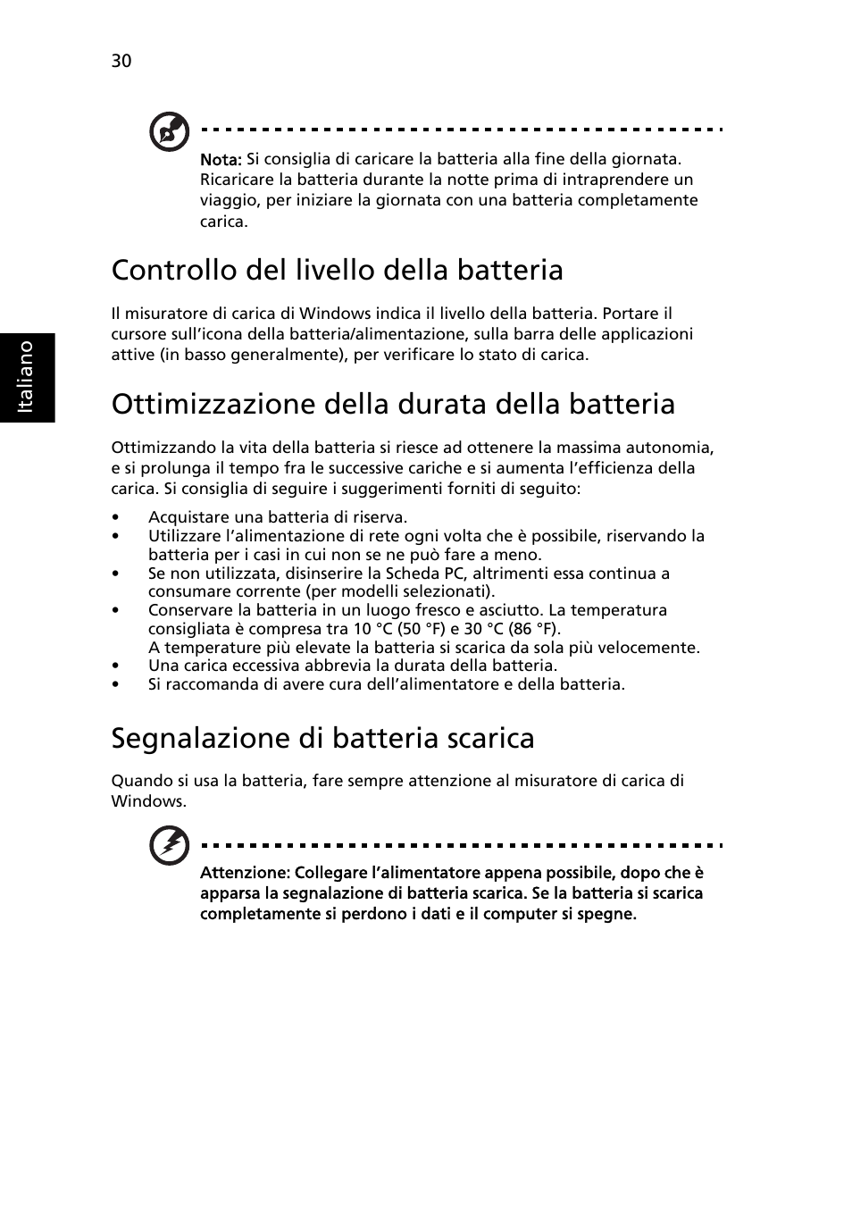 Controllo del livello della batteria, Ottimizzazione della durata della batteria, Segnalazione di batteria scarica | Acer Aspire 4253 User Manual | Page 286 / 2348