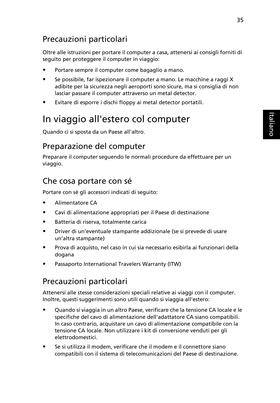 In viaggio all'estero col computer, Precauzioni particolari, Preparazione del computer | Che cosa portare con sé | Acer Aspire 4253 User Manual | Page 291 / 2348