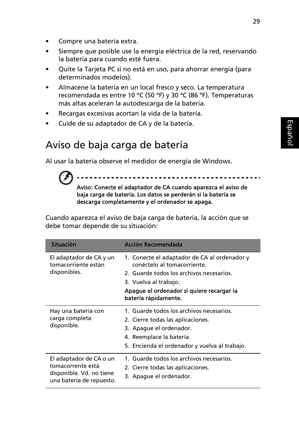 Aviso de baja carga de batería | Acer Aspire 4253 User Manual | Page 363 / 2348
