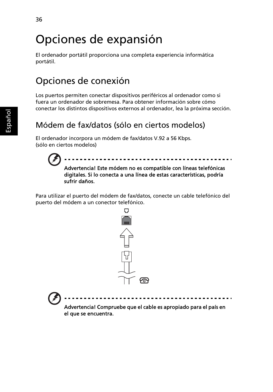Opciones de expansión, Opciones de conexión, Módem de fax/datos (sólo en ciertos modelos) | Acer Aspire 4253 User Manual | Page 370 / 2348