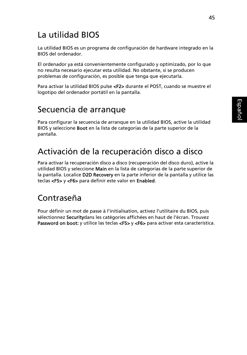 La utilidad bios, Secuencia de arranque, Activación de la recuperación disco a disco | Contraseña | Acer Aspire 4253 User Manual | Page 379 / 2348