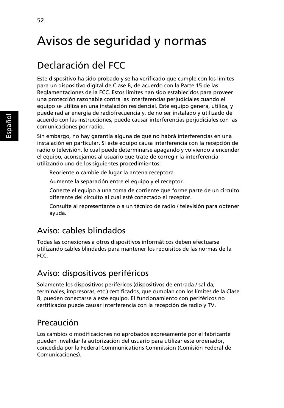 Avisos de seguridad y normas, Declaración del fcc, Aviso: cables blindados | Aviso: dispositivos periféricos, Precaución | Acer Aspire 4253 User Manual | Page 386 / 2348