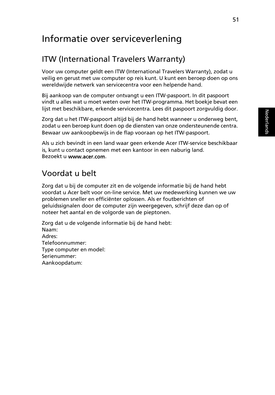 Informatie over serviceverlening, Itw (international travelers warranty), Voordat u belt | Acer Aspire 4253 User Manual | Page 537 / 2348