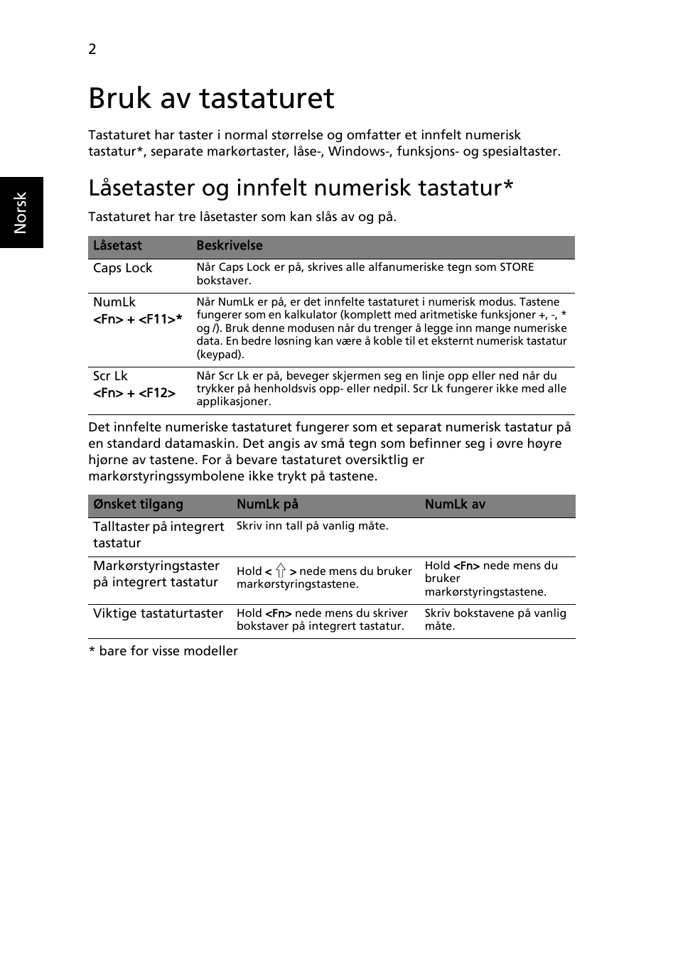 Bruk av tastaturet, Låsetaster og innfelt numerisk tastatur | Acer Aspire 4253 User Manual | Page 564 / 2348