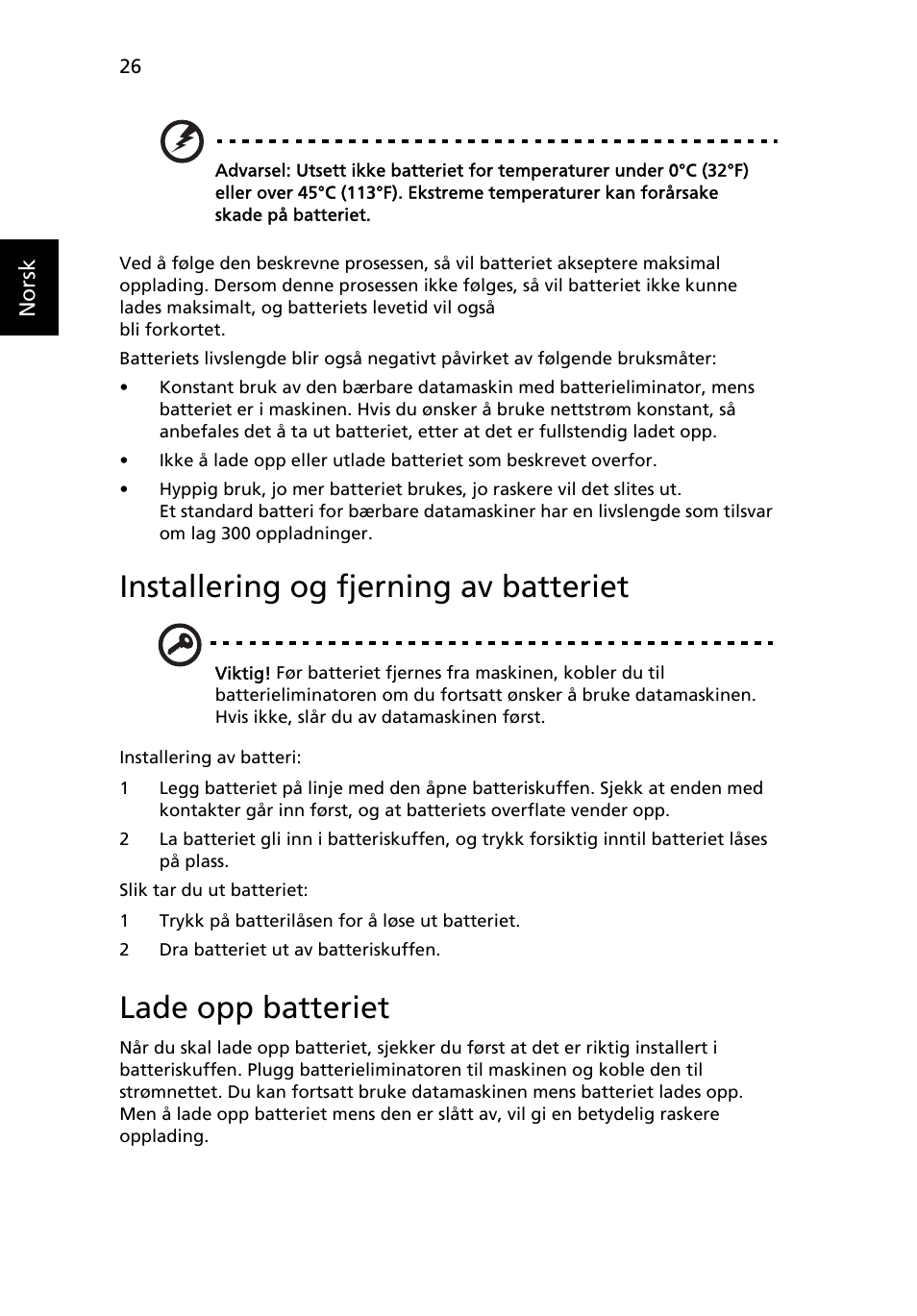 Installering og fjerning av batteriet, Lade opp batteriet | Acer Aspire 4253 User Manual | Page 588 / 2348