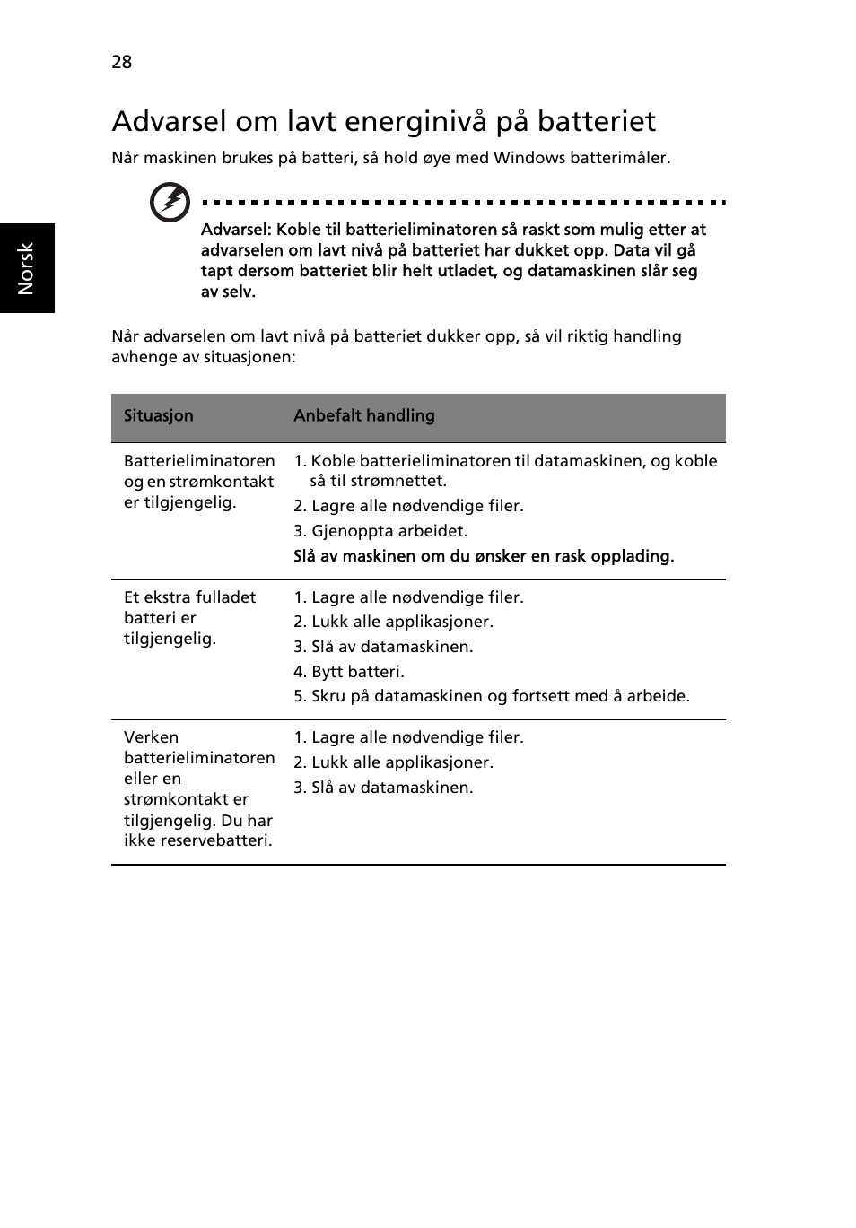 Advarsel om lavt energinivå på batteriet | Acer Aspire 4253 User Manual | Page 590 / 2348