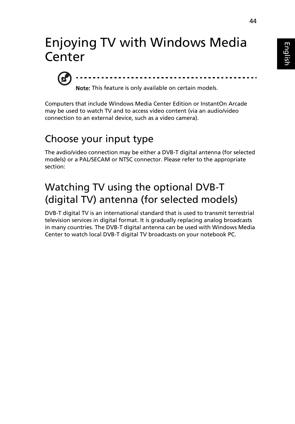 Enjoying tv with windows media center, Choose your input type | Acer Aspire 4253 User Manual | Page 62 / 2348