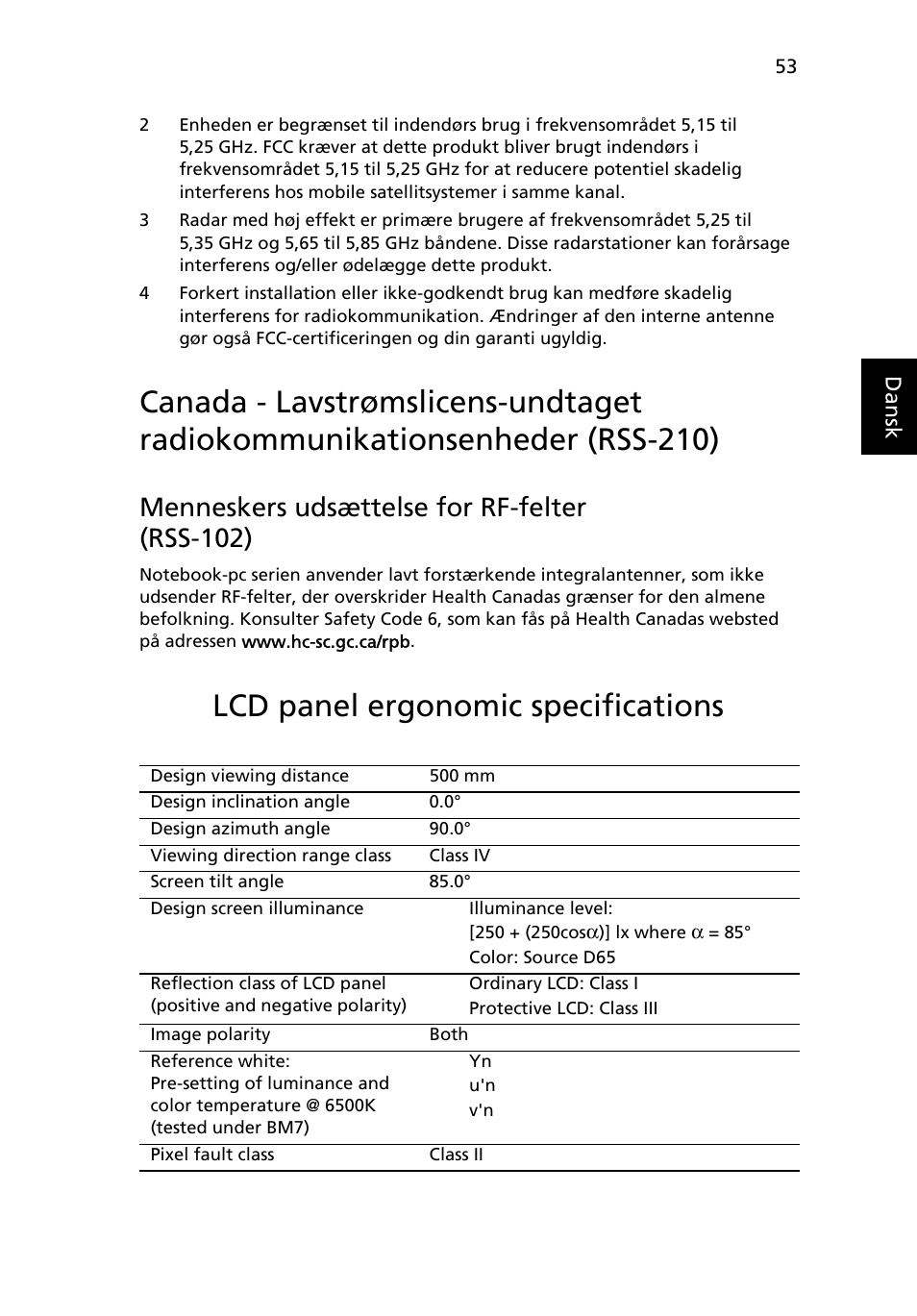 Lcd panel ergonomic specifications, Menneskers udsættelse for rf-felter (rss-102) | Acer Aspire 4253 User Manual | Page 687 / 2348