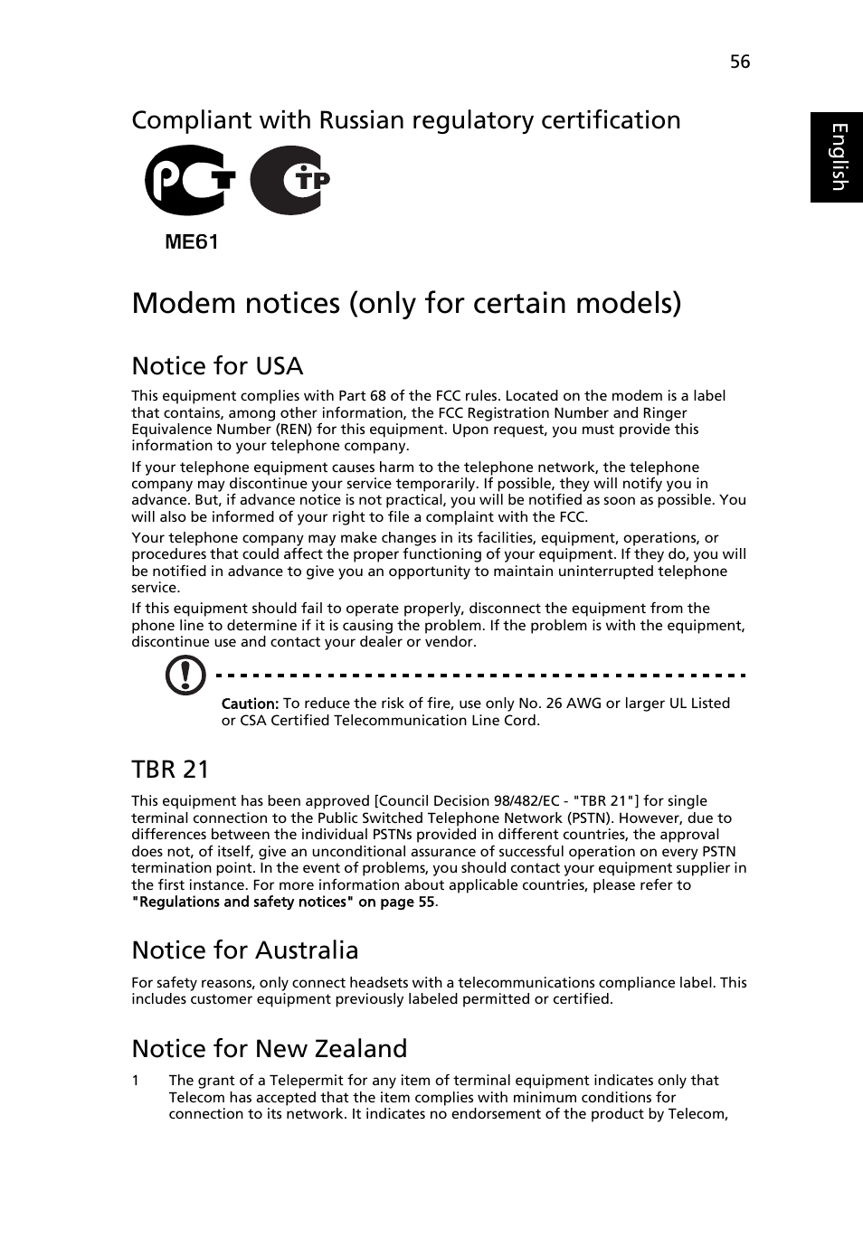 Modem notices (only for certain models), Compliant with russian regulatory certification, Notice for usa | Tbr 21, Notice for australia, Notice for new zealand, Eng lis h | Acer Aspire 4253 User Manual | Page 74 / 2348
