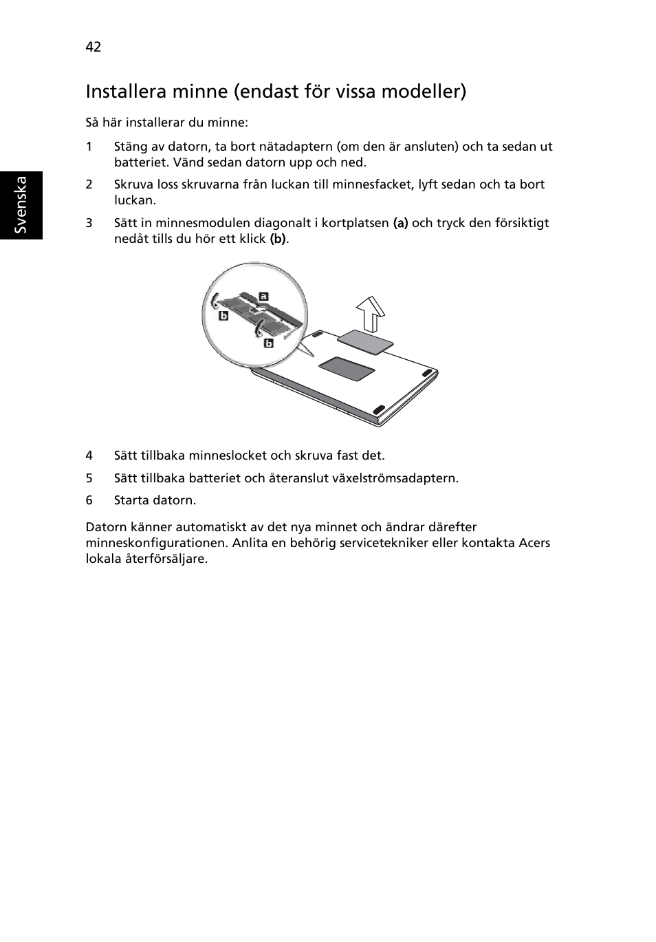 Installera minne (endast för vissa modeller) | Acer Aspire 4253 User Manual | Page 750 / 2348