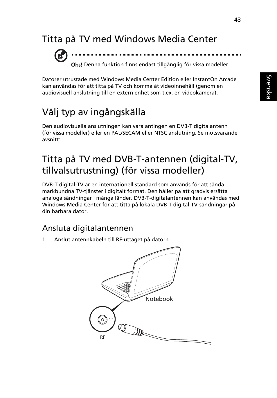 Titta på tv med windows media center, Välj typ av ingångskälla, Ansluta digitalantennen | Acer Aspire 4253 User Manual | Page 751 / 2348