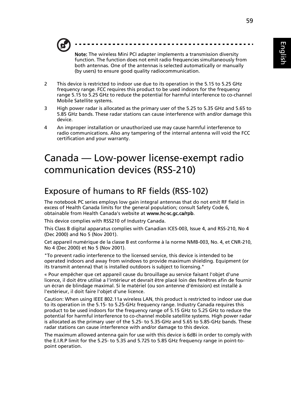 Exposure of humans to rf fields (rss-102), Eng lis h | Acer Aspire 4253 User Manual | Page 77 / 2348