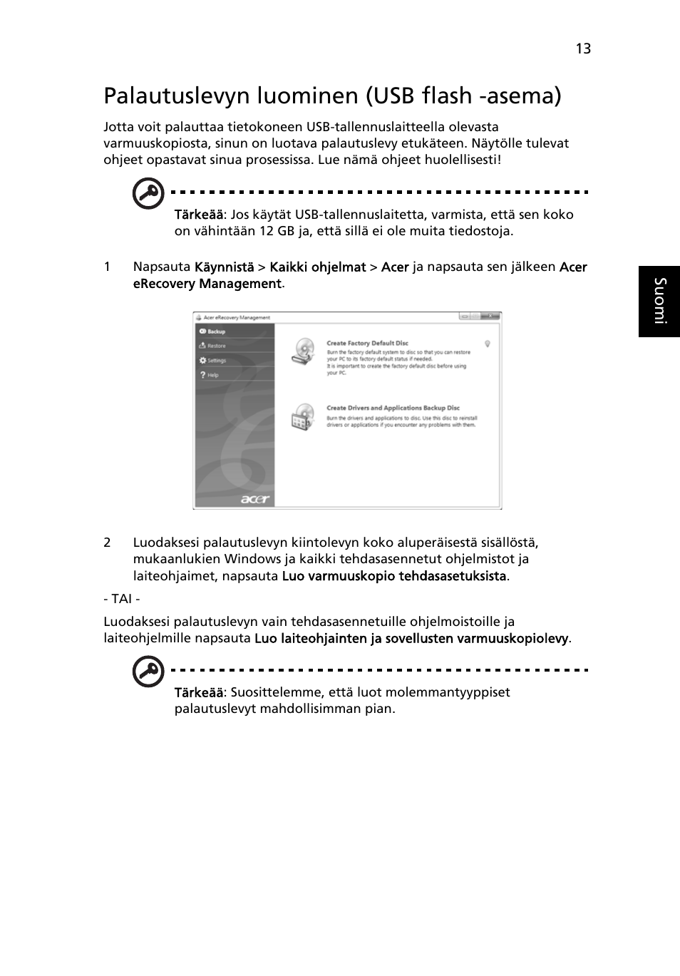 Palautuslevyn luominen (usb flash -asema) | Acer Aspire 4253 User Manual | Page 795 / 2348