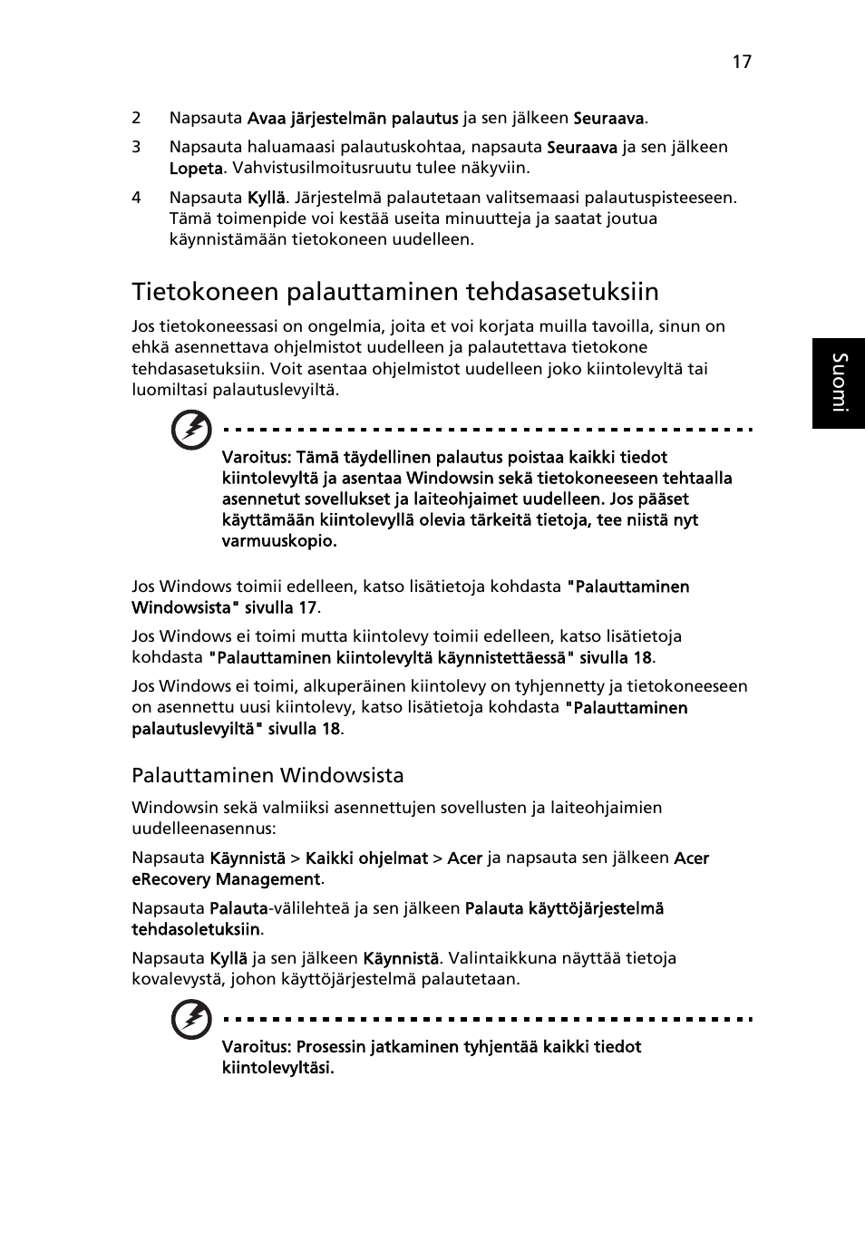 Tietokoneen palauttaminen tehdasasetuksiin | Acer Aspire 4253 User Manual | Page 799 / 2348