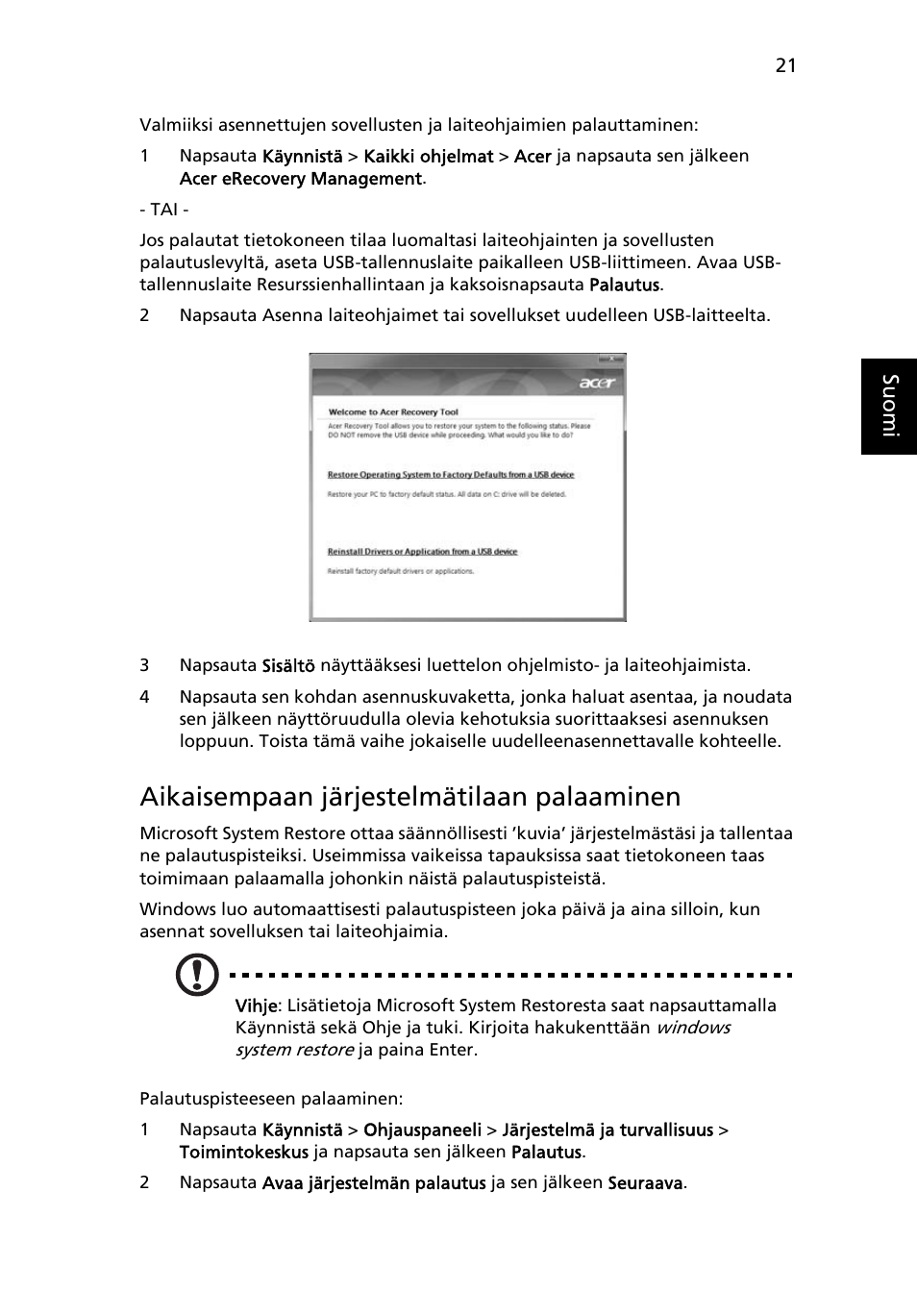 Aikaisempaan järjestelmätilaan palaaminen | Acer Aspire 4253 User Manual | Page 803 / 2348