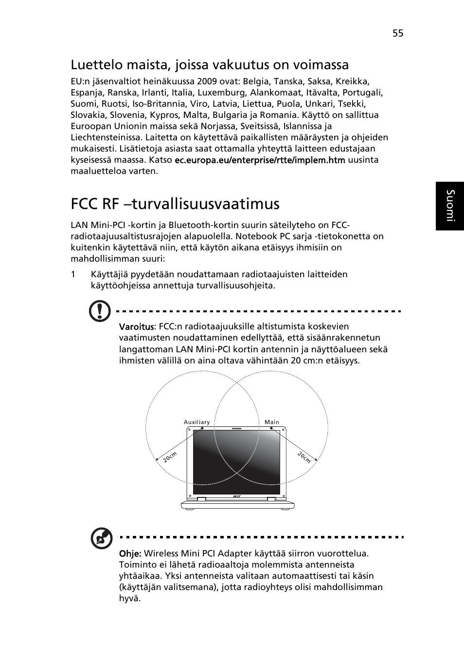 Fcc rf -turvallisuusvaatimus, Fcc rf –turvallisuusvaatimus, Luettelo maista, joissa vakuutus on voimassa | Acer Aspire 4253 User Manual | Page 837 / 2348