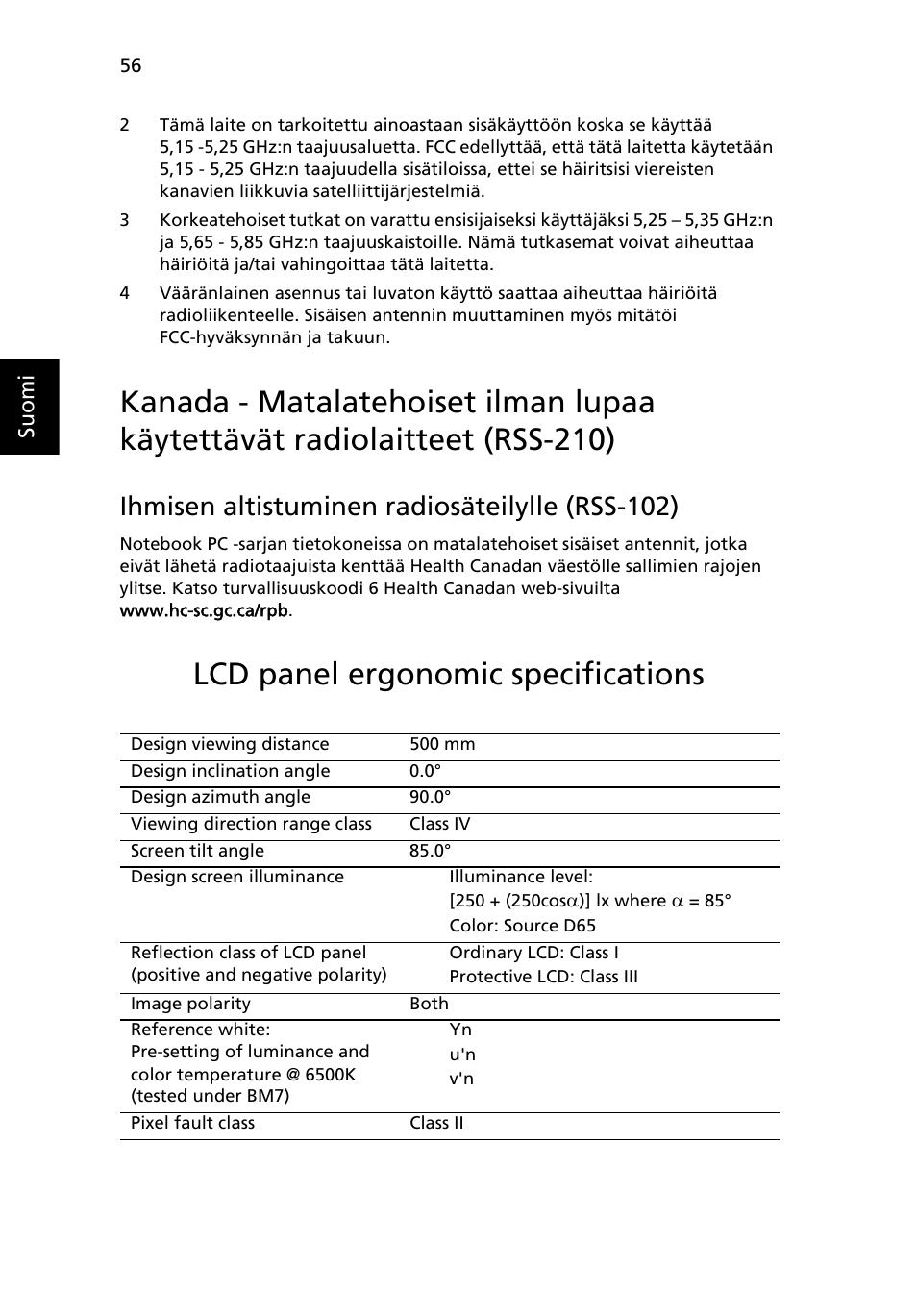 Lcd panel ergonomic specifications, Ihmisen altistuminen radiosäteilylle (rss-102) | Acer Aspire 4253 User Manual | Page 838 / 2348