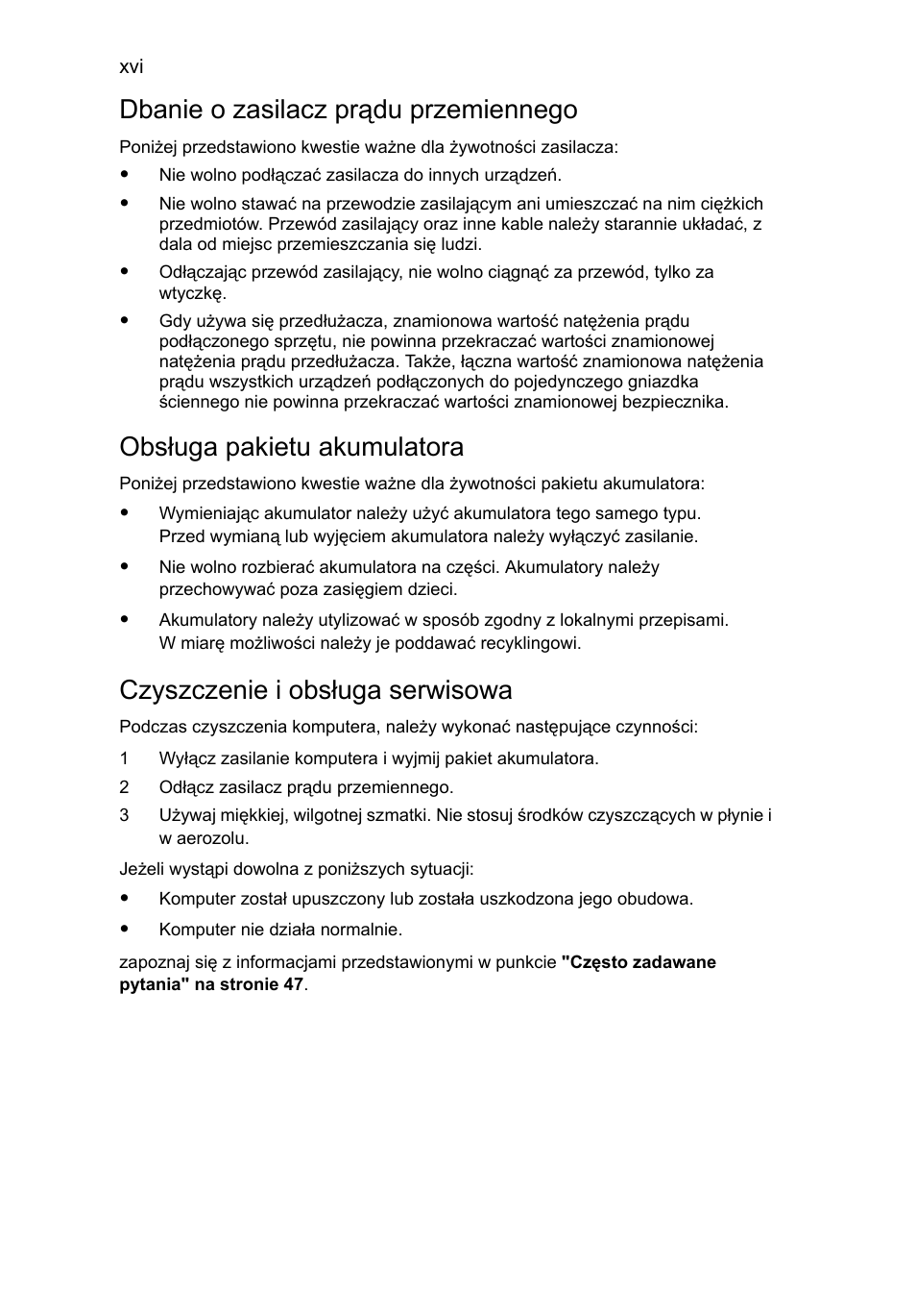 Dbanie o zasilacz prądu przemiennego, Obsługa pakietu akumulatora, Czyszczenie i obsługa serwisowa | Acer Aspire 4253 User Manual | Page 932 / 2348