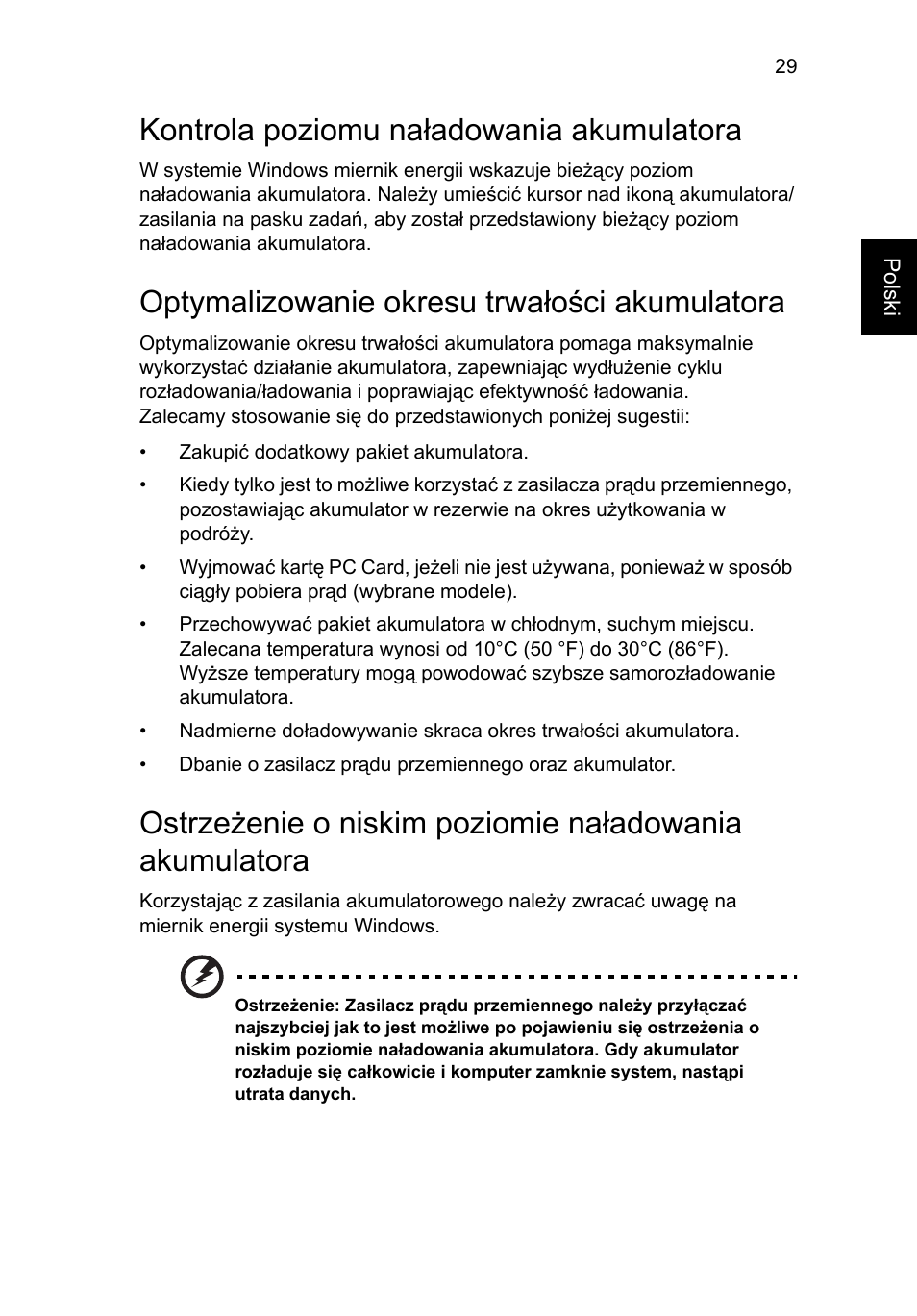 Kontrola poziomu naładowania akumulatora, Optymalizowanie okresu trwałości akumulatora | Acer Aspire 4253 User Manual | Page 965 / 2348